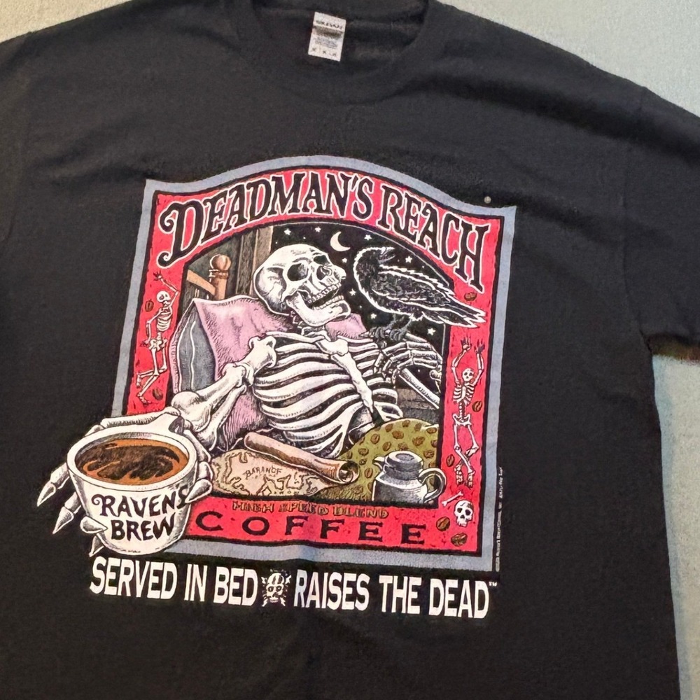 NEW Raven's Brew Deadman's Reach Coffee T-Shirt Mens M Black Skeleton Raven